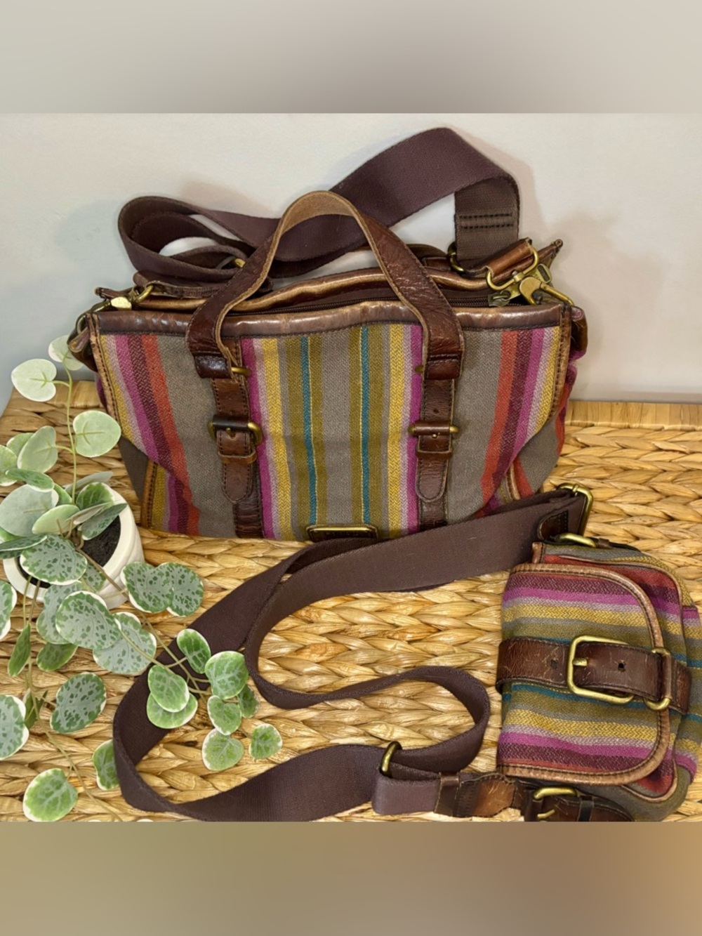 Vintage Fossil Striped Fabric Crossbody with Brown Leather Trim - Picture 13 of 16
